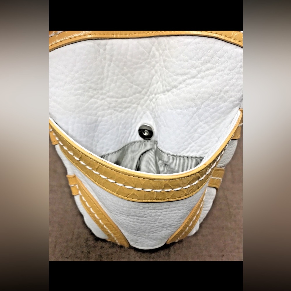 Kate Landry Yellow Patent Leather Cream Leather Top Handle Clutch Purse Handbag - Picture 6 of 16